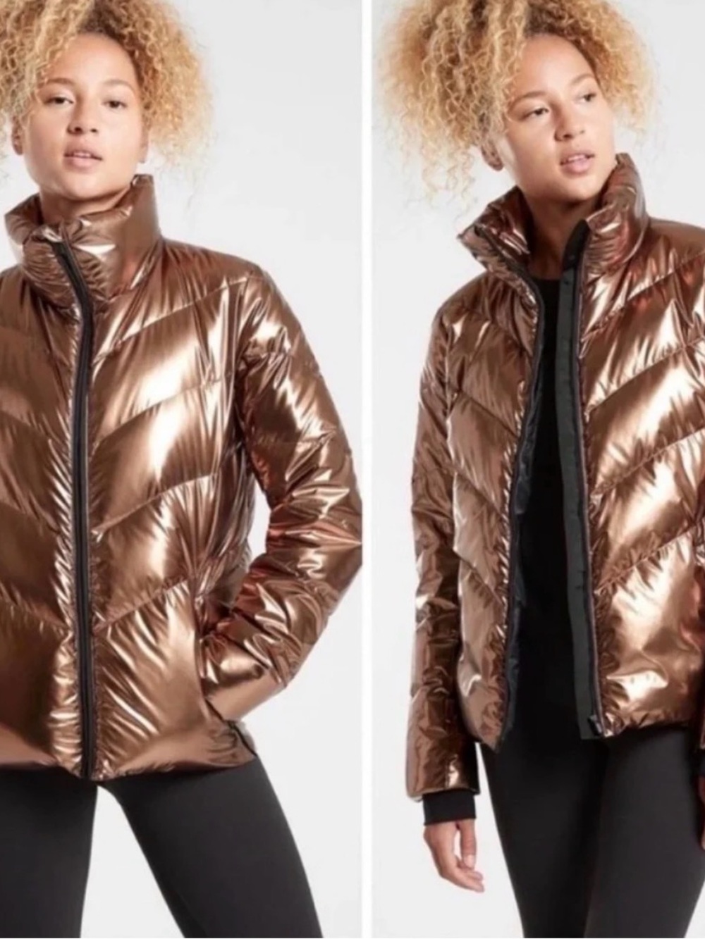 Athleta Metallic Puffer Jacket Brown Small